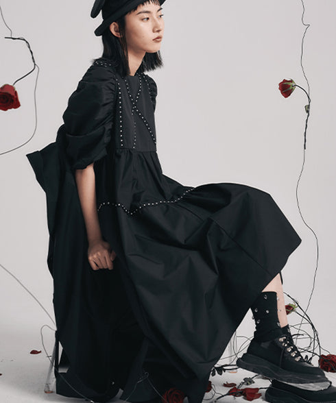 Studded Puff Sleeve Flare Dress
